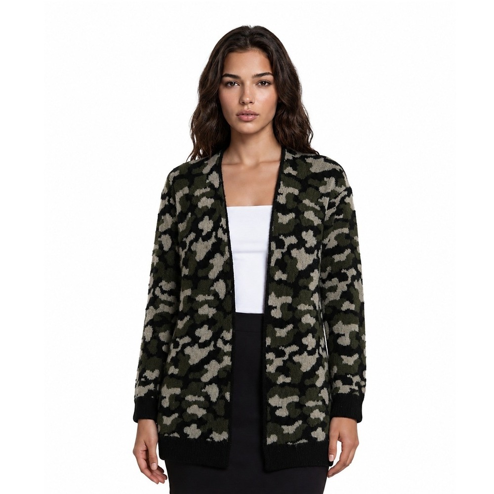 Mud Pie Cardigan Sweater Women's Size M/L Long Green Camo Open Wool Blend